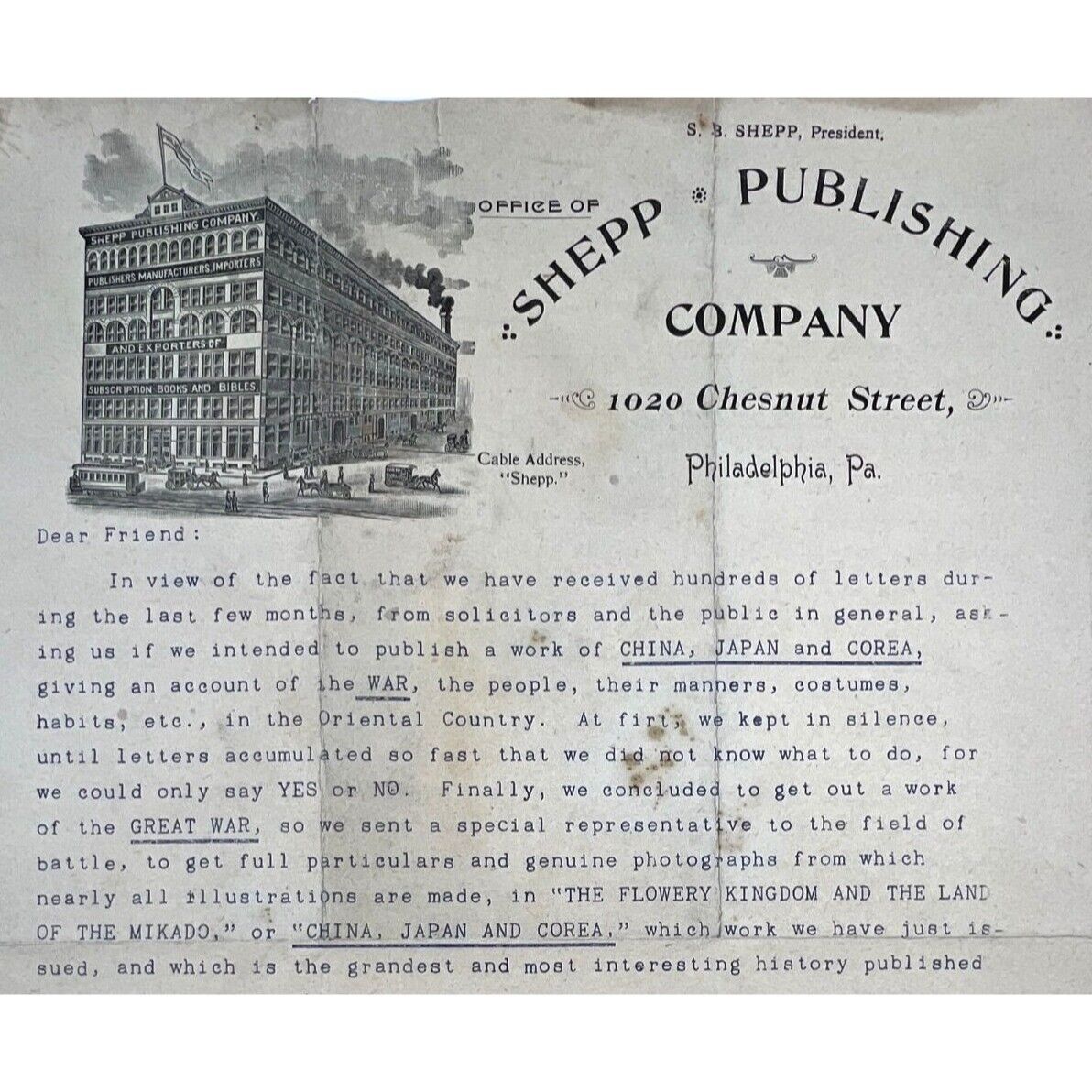 c 1885 Antique Letterhead - SHEPP PUBLISHING CO Books Bibles Philadelphia