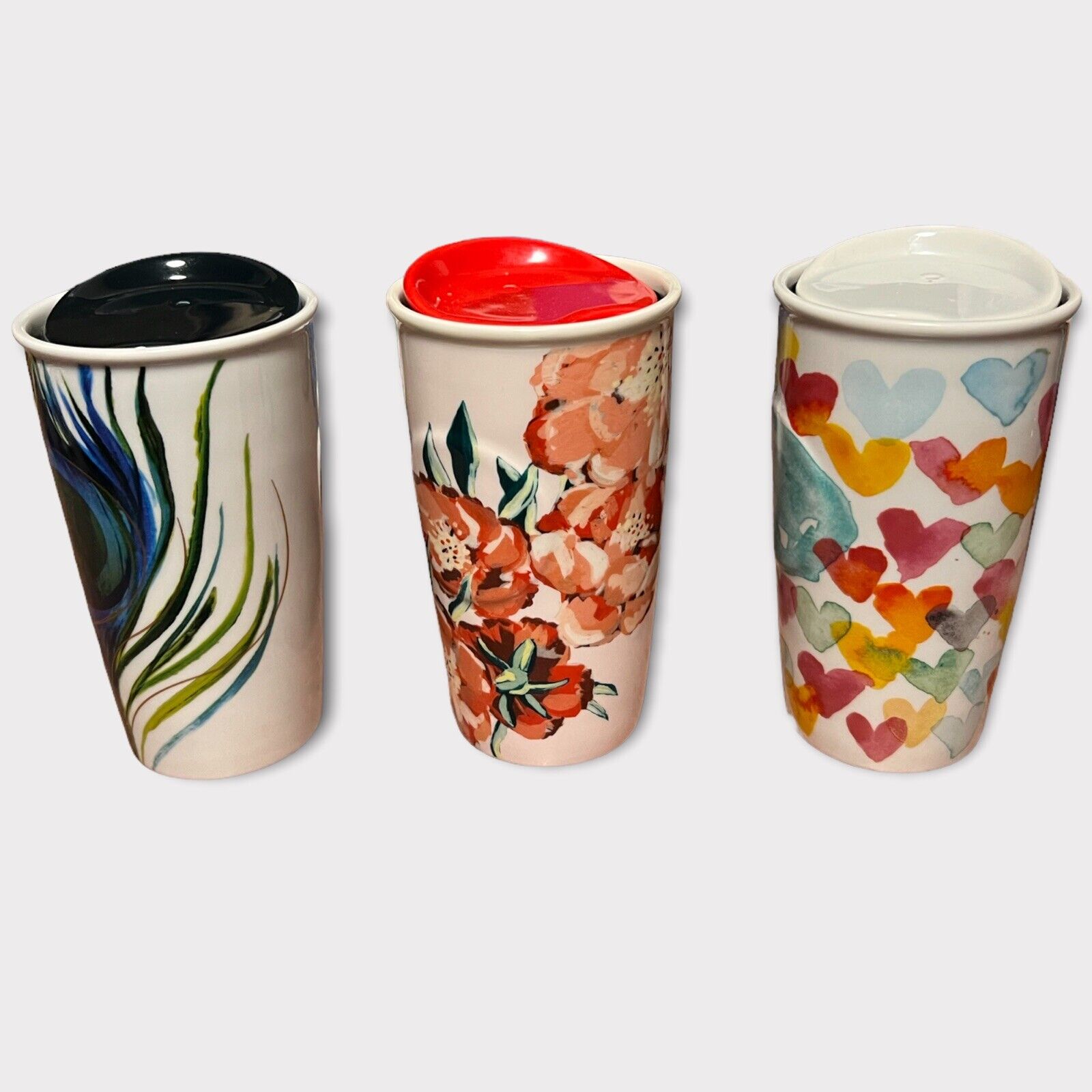 STARBUCKS Ceramic Tumbler Travel Coffee Mug Set Of 3 With Lids Rare