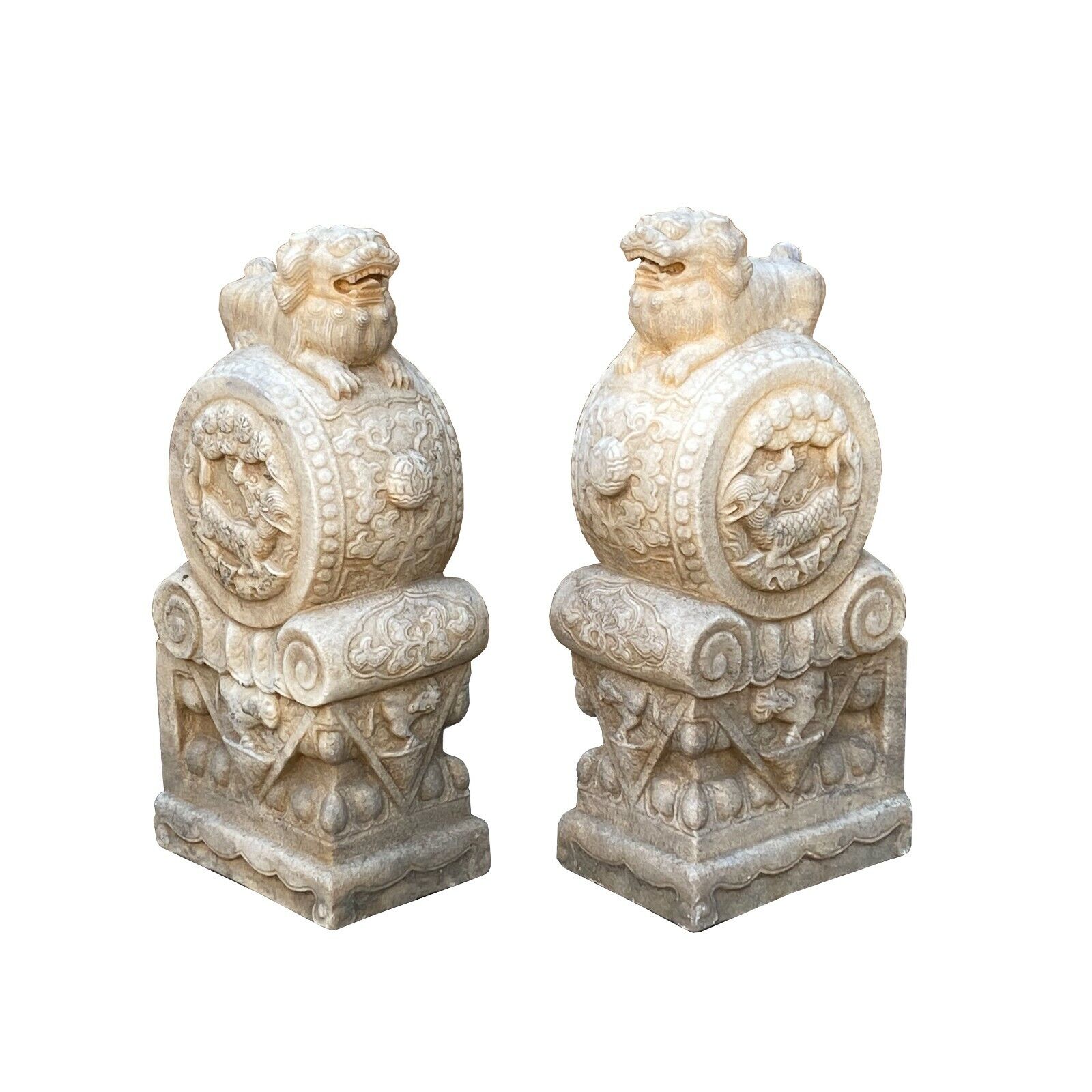 Chinese Pair White Marble Stone Fengshui Foo Dogs Drum Statues cs7205