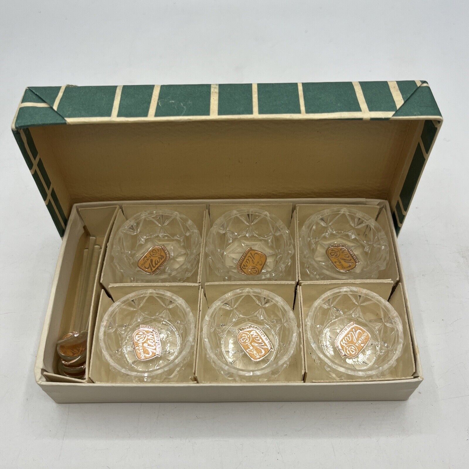 Diamond Cut Star Glass Salt Cellars w/Spoons Czechoslovakia Lot 12 Original Box