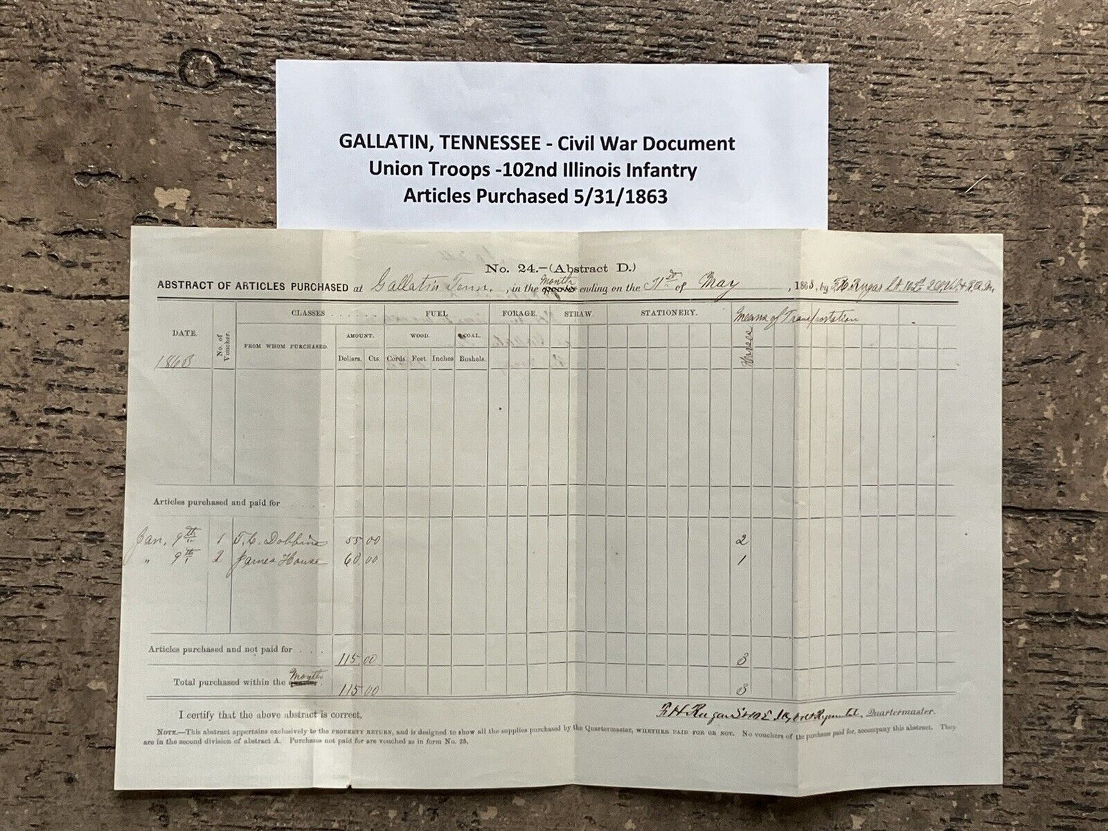 1863 - CIVIL WAR DOCUMENT - 102nd Ill. Inf. - Purchased 3 horses in GALLATIN, TN
