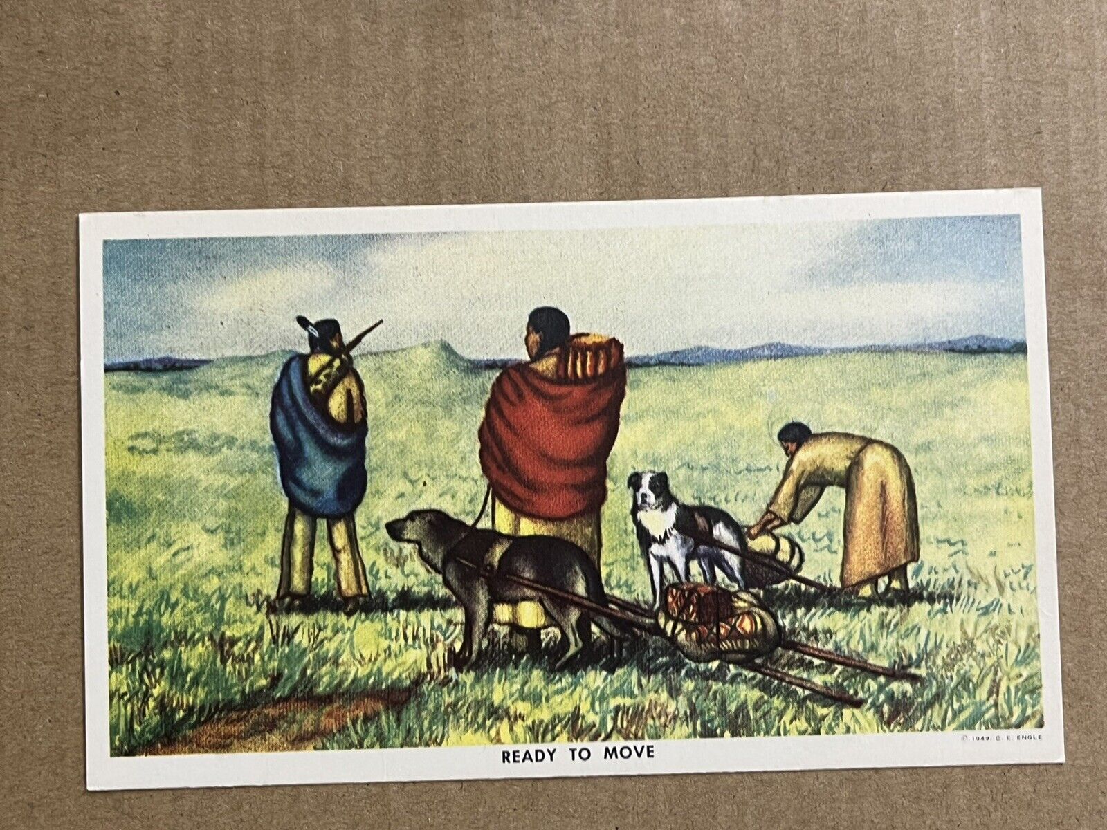 Postcard Indian Dogsled Dog Travois Artist Andrew Standing Soldier Vintage PC