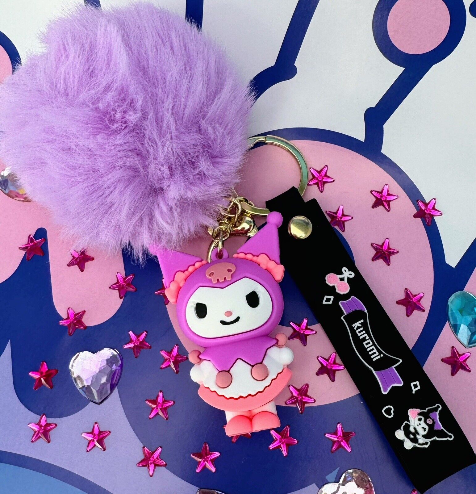 Hello Kitty Kuromi Sanrio Keychain Bracelet Character Charm Pom