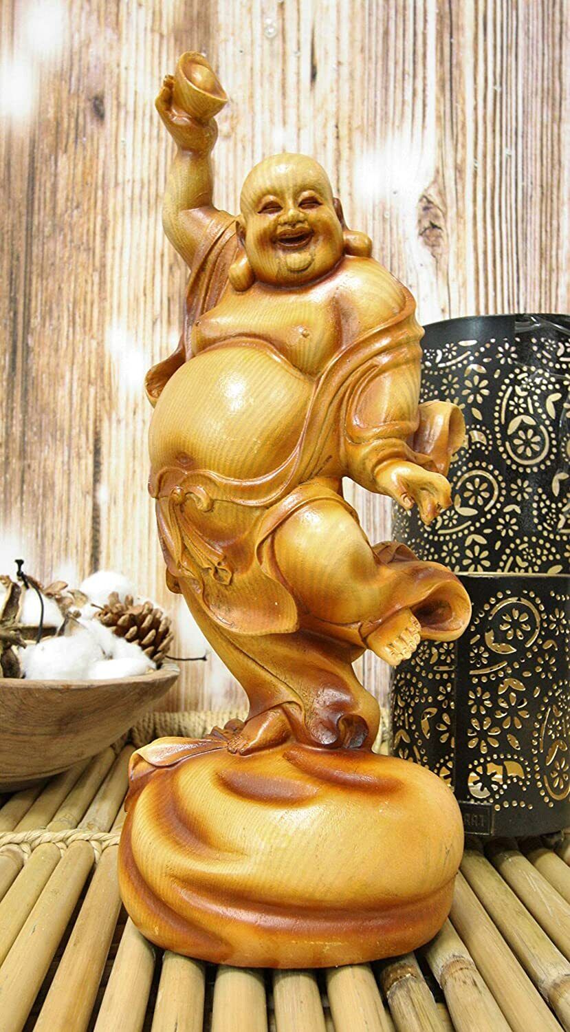 Ebros Feng Shui Hotei Dancing Buddha with Gold Ingot and Money Bag Statue 11\