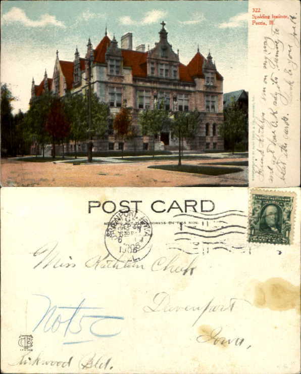 Spalding Institute Peoria Illinois vintage postcard mailed 1906