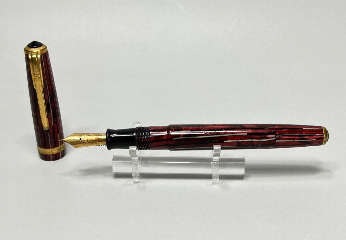 1950-60 Red China Chinese Fountain Pen Golden Dragon 12K Gold Nib Marbled Strip