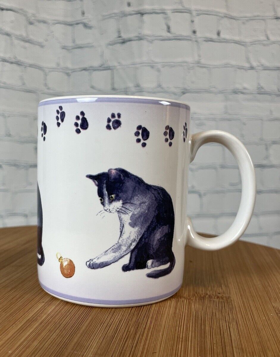 Casamoda White Cat Paw Prints Coffee Tea Kitty Folk Art Ceramic Mug Cup Gift