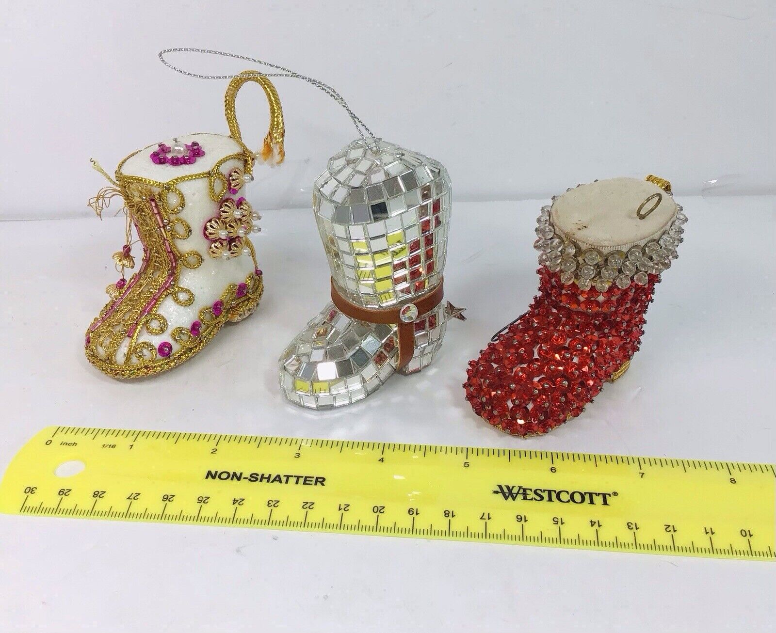 Vtg. Handmade Pin Push Beaded Sequin Stocking Boot Christmas Ornaments Set Of  3