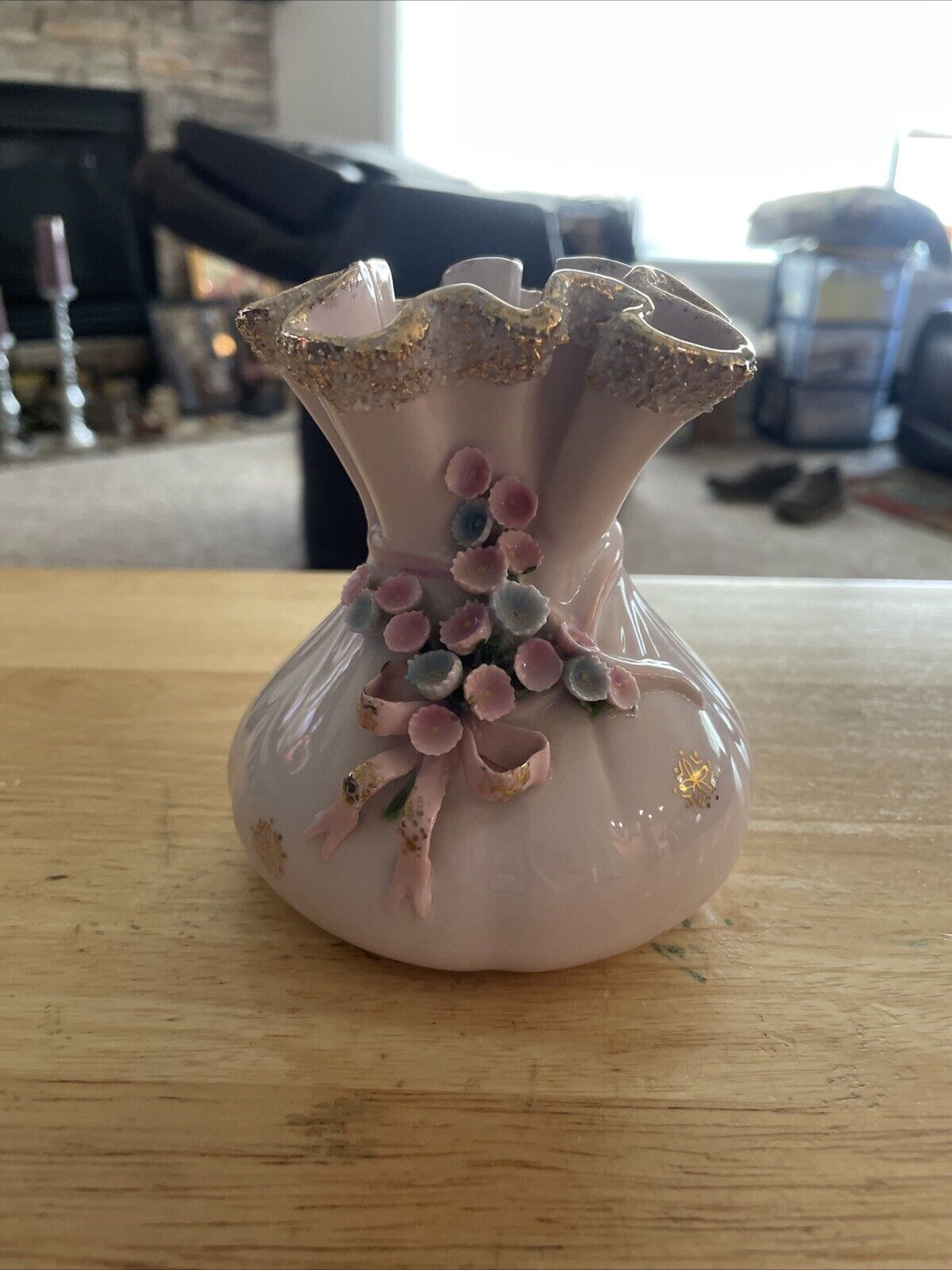 Mid century pink floral porcelain Vase- Lefton- Hand Painted