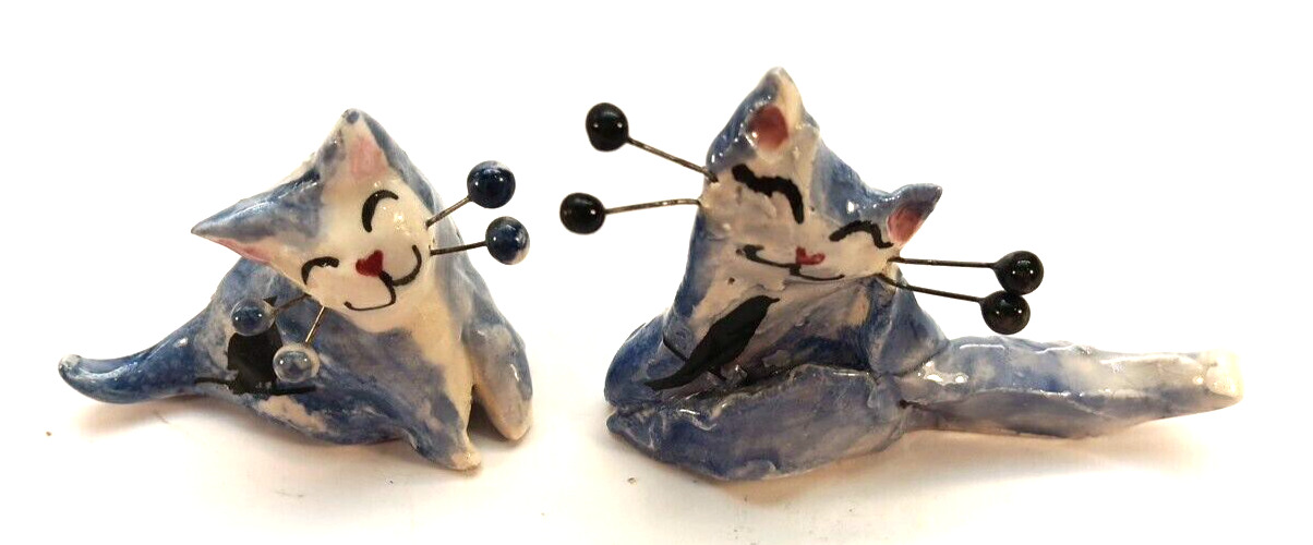 Amy Lacombe Miniature WhimsiClay Handcrafted Ceramic Cats Set Of 2 Blue