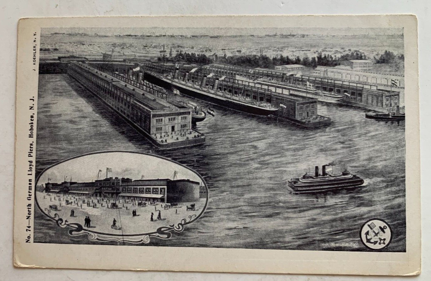 ca 1900s NJ Postcard Hoboken North German Lloyd Piers docks ships (J Koehler)