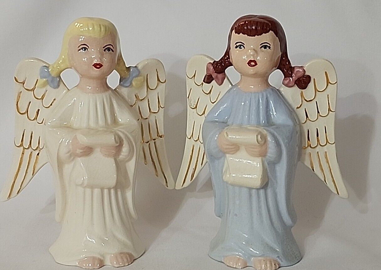 Vintage Singing Angel Figurines  Lot of 2 Ceramic Iridescent Lusterware EUC 5\