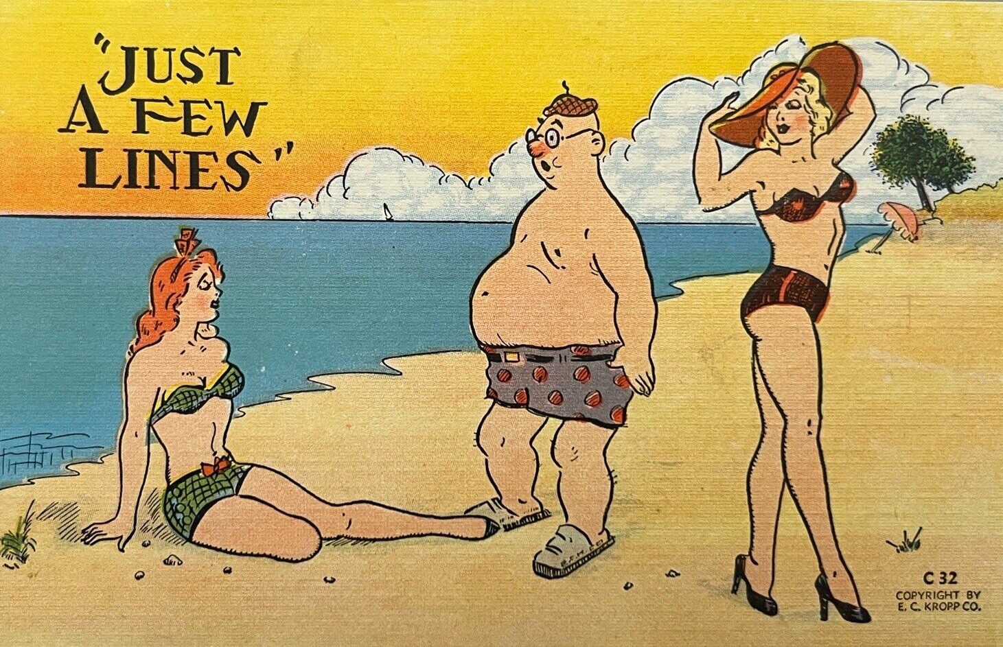Comic Postcard Risque Pinup Two Sexy Women Swimsuit Beach Nice Legs Linen VJ
