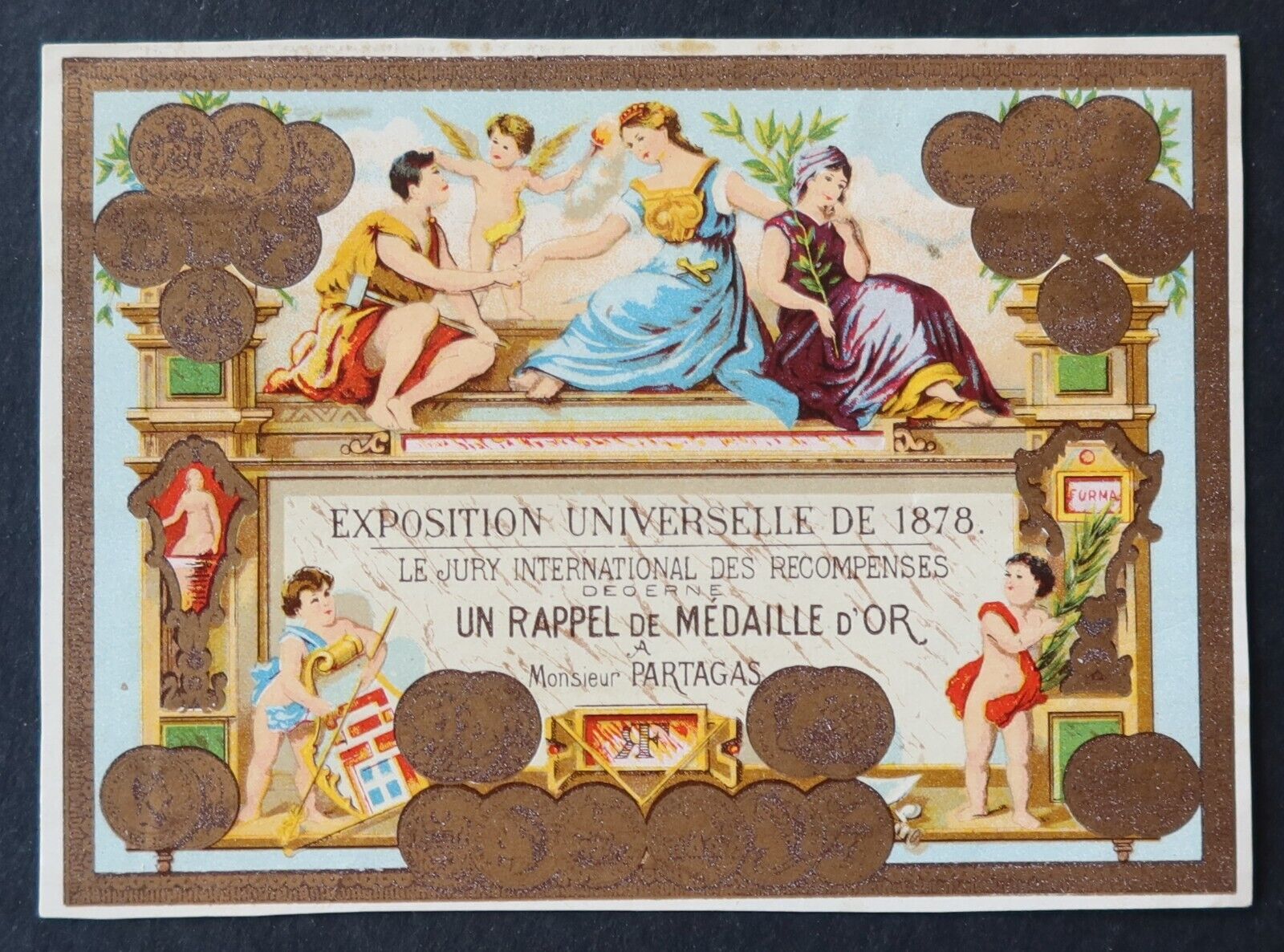 Antique Tag SHAREAS CIGAR BOX Exposition 1878 Old Box Cigar Label