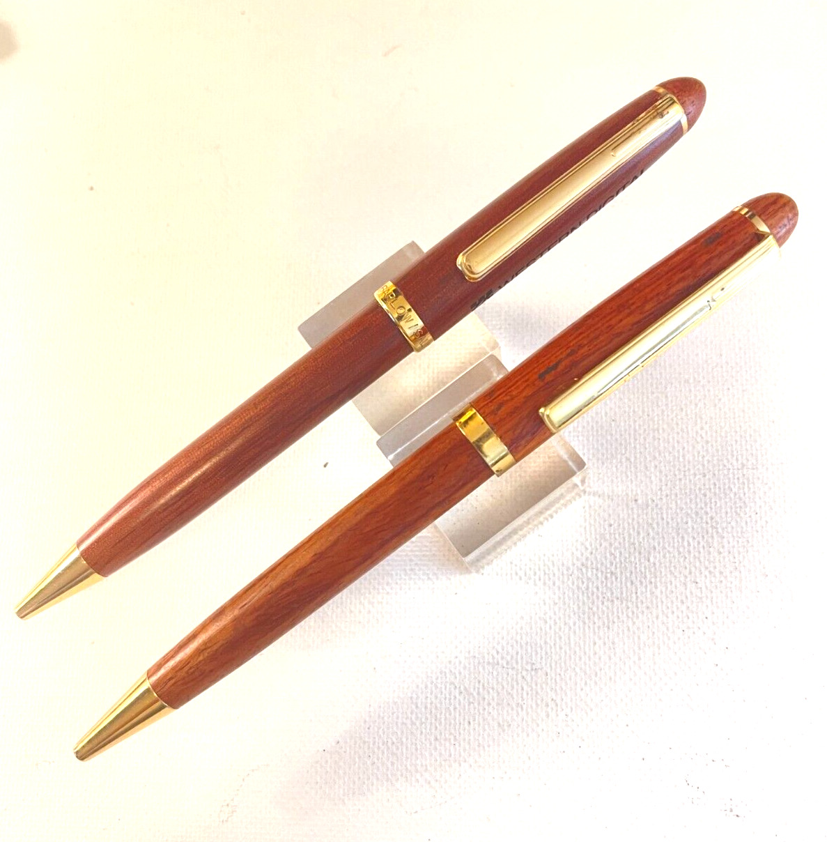 2 Wood turned ball pens. Gold Trim .  Each works.  Excellent