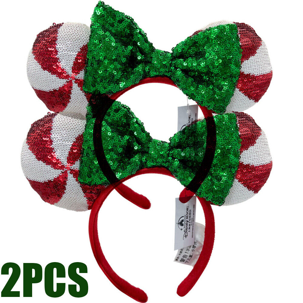 2PCS Disney-Parks Candy Cane Cutie Sequin Minnie Christmas Headband Girls Ears