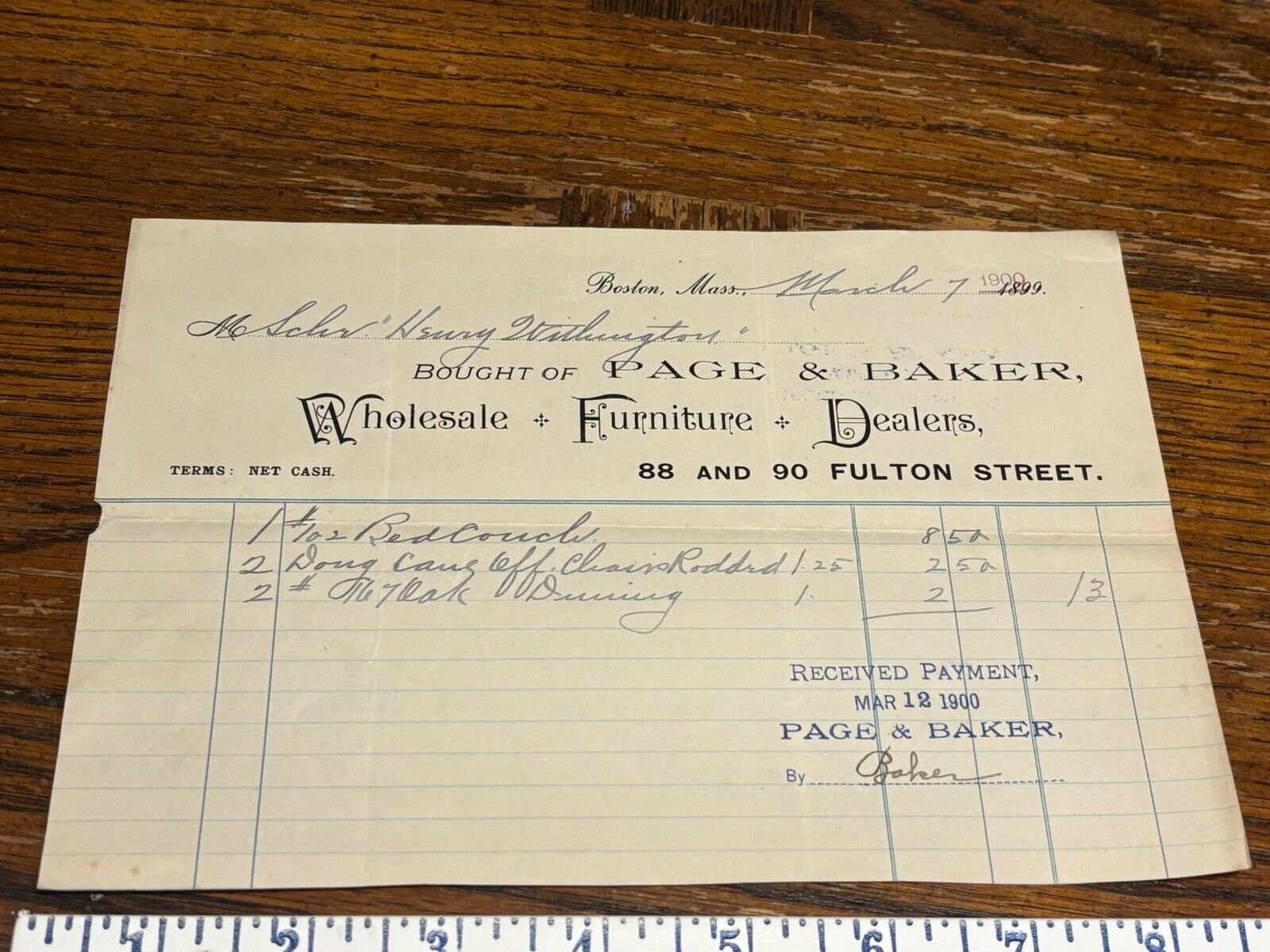 1900 Boston MA Receipt Billhead Page & Baker Furniture Schooner Hny Worthington