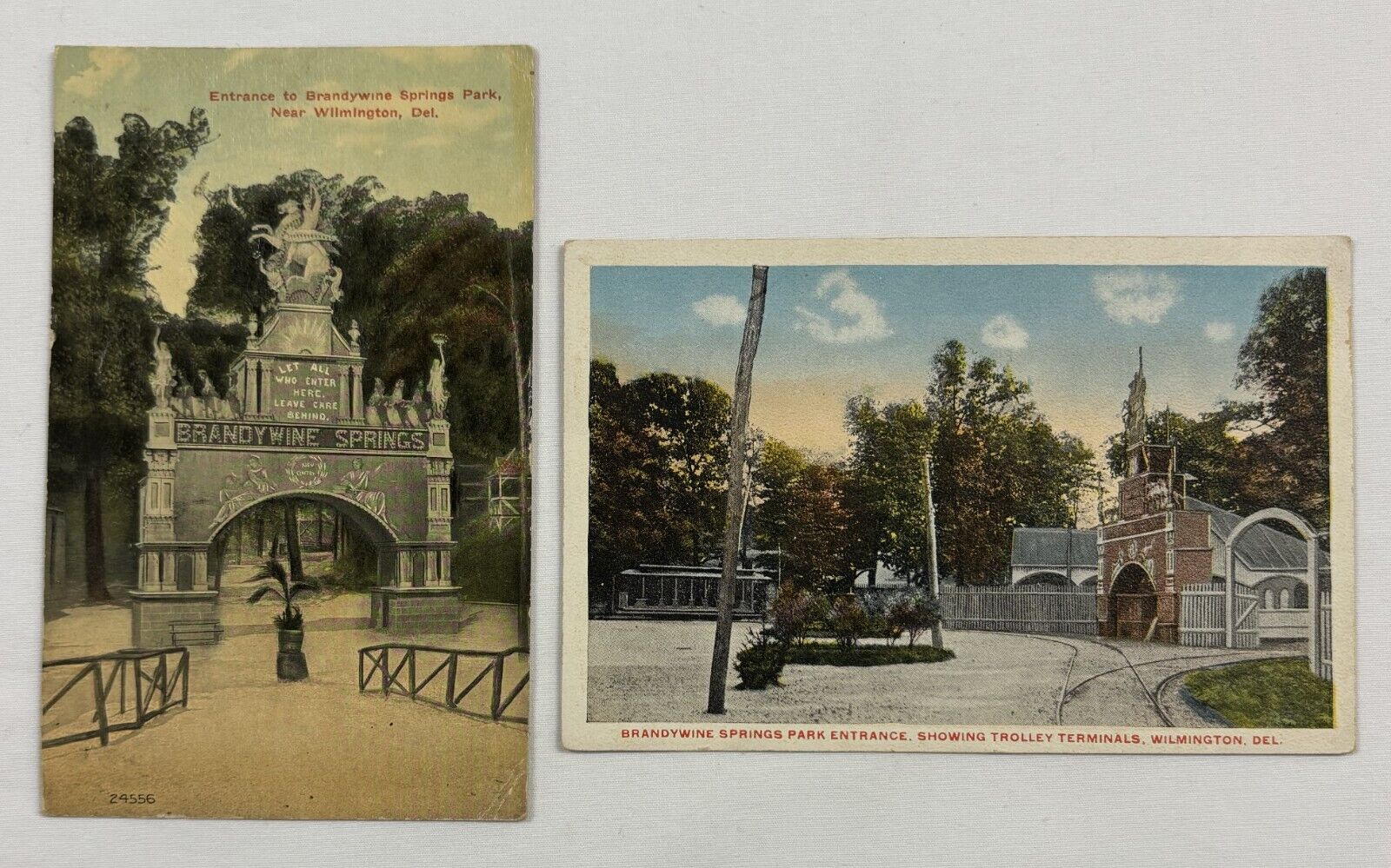 Brandywine Springs Park Entrance Wilmington DE 2 postcards 1915