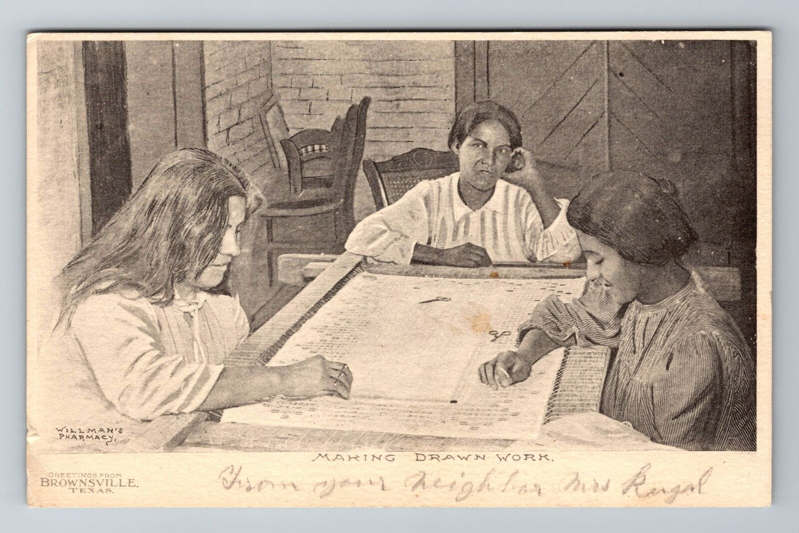 Brownsville TX-Texas, Williams Pharmacy, Making Drawn Work, Vintage Postcard