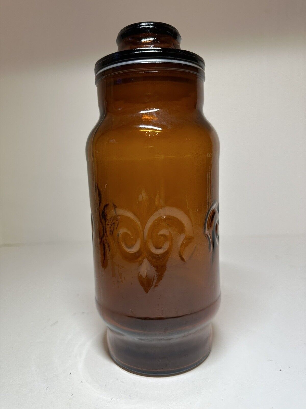 Vintage 1970s Borden Glass Apothecary Jar Dark Amber Brown Fleur de Lis