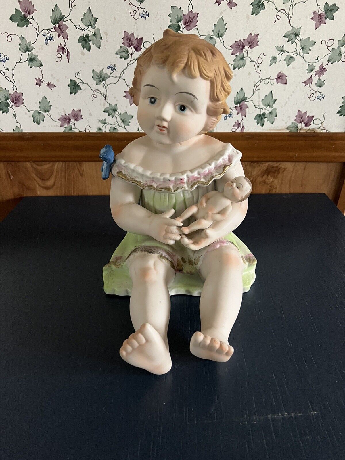 Heubach German Bisque Porcelain Piano Baby Holding Baby Doll. Antique.