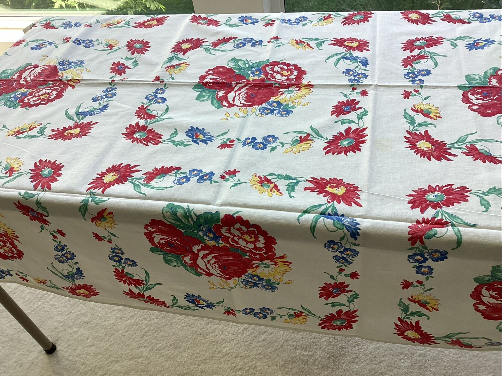 VTG 50’s FLOWER COVERED TABLECLOTH PRIMARY COLORS RED BLUE YELLOW GREEN 54” X48”