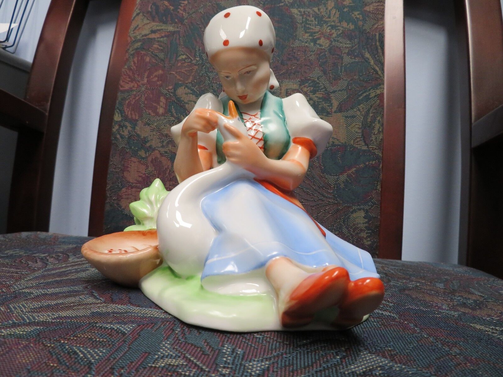 Zsolnay Hungary Peasant Girl Figurine Vintage Girl with Goose Porcelain