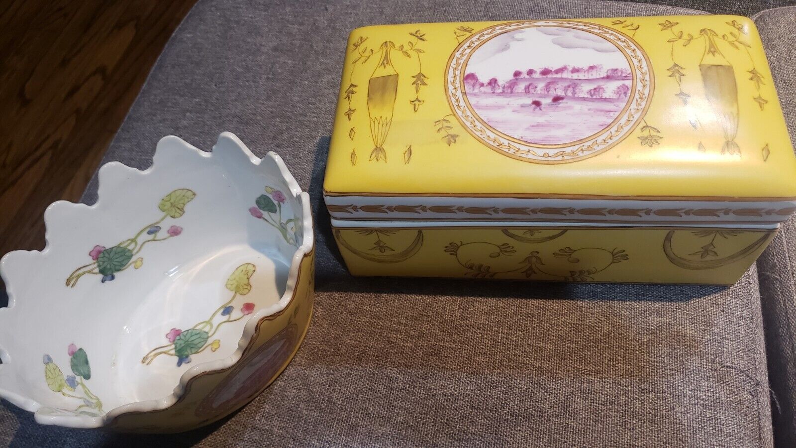 Vintage Tozai Home Chinoiserie Lion Hand Painted Scalloped Edge Bowl Pot And Box