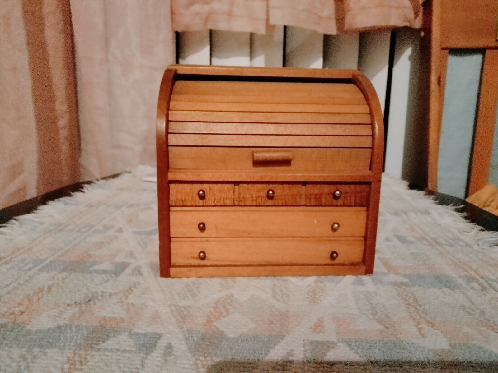 Vintage Mini Roll Top Desk Wooden Recipe Box.