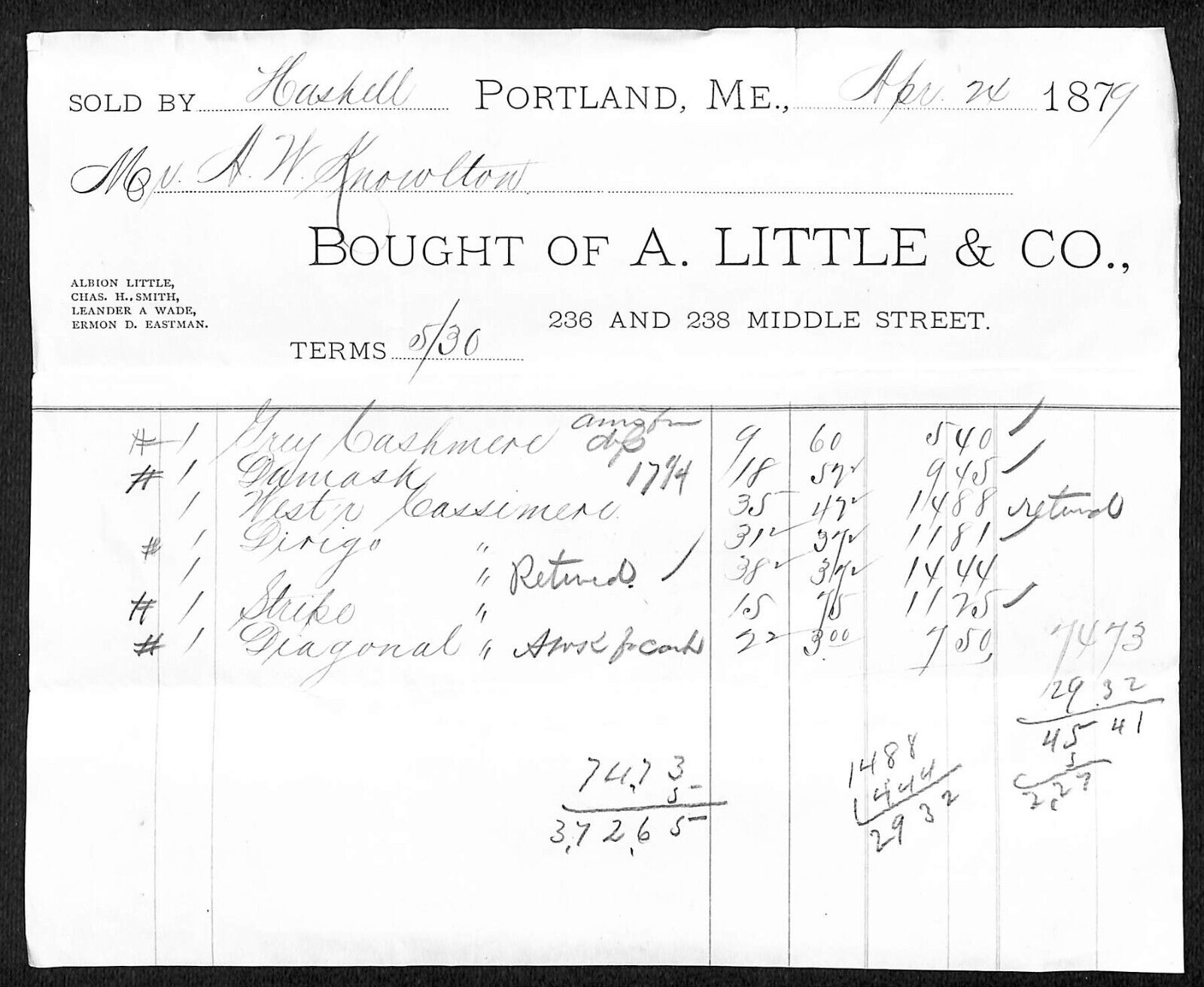 1879 A.W. Knowlton* Newburgh, ME A. Little & Co. Portland Grey Cashmere Billhead