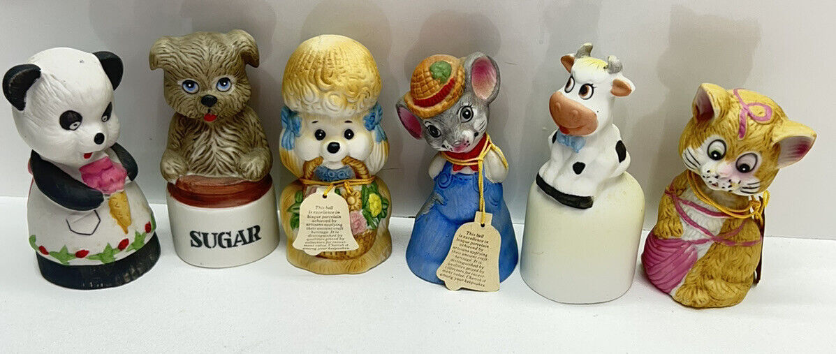 Lot of 6~ Vintage 1970\'s JASCO Porcelain Caring Critters Lil\' Chimmers (Bells)