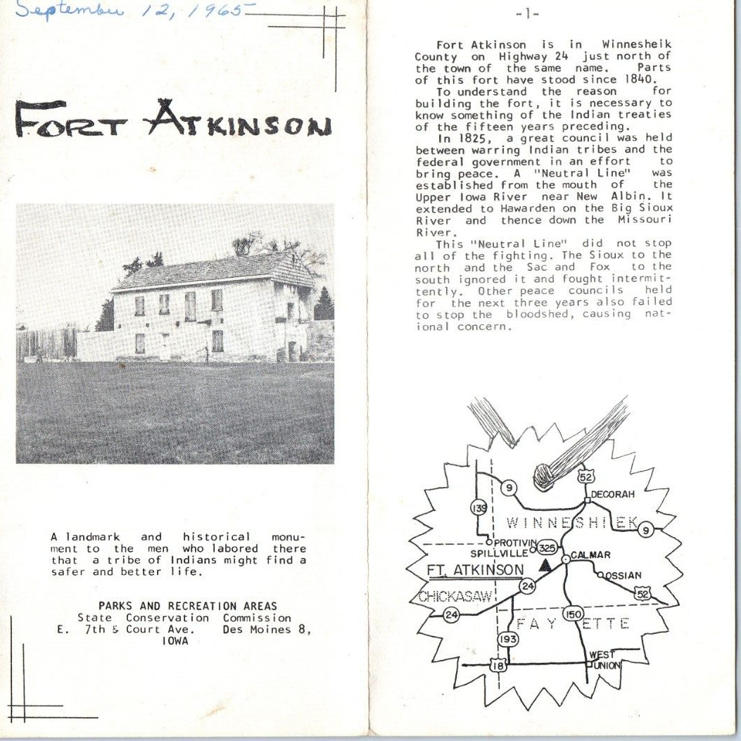 1965 Winneshiek County, Iowa Fort Atkinson Advertising Brochure Map Indians 1G