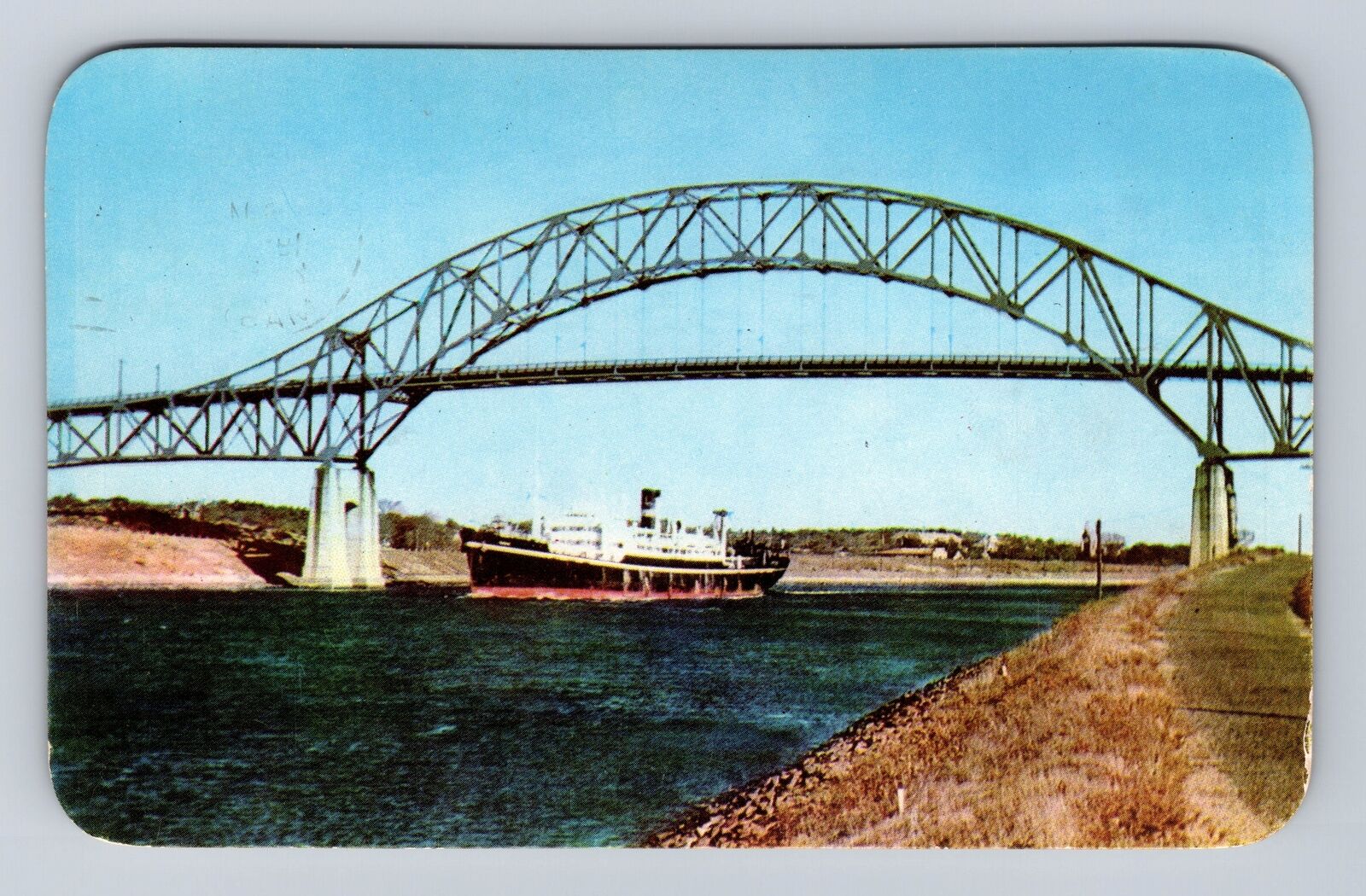 Cape Cod MA-Massachusetts, Boat Passing Under Sagamore Bridge, Vintage Postcard
