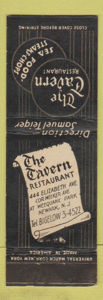 Matchbook Cover - The Tavern Restaurant Newark NJ