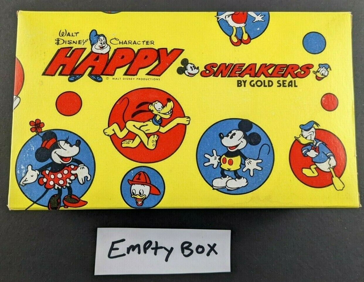 Vintage 1970s Walt Disney Happy Sneakers Gold Seal EMPTY Box Mickey Donald Pluto