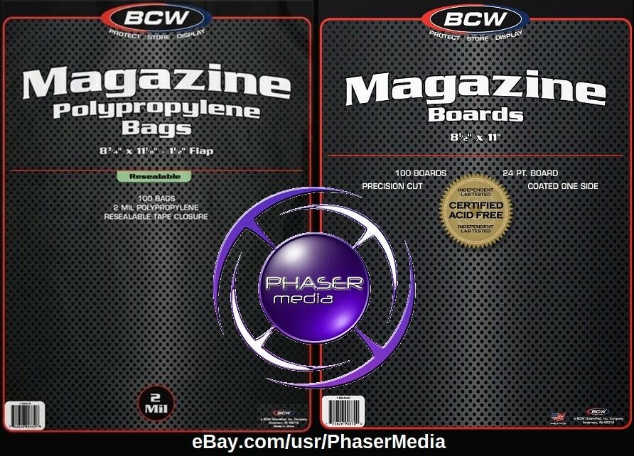 BCW Magazine Bags Resealable Poly Sleeves & BCW Magazine Boards 200 CT EA. COMBO