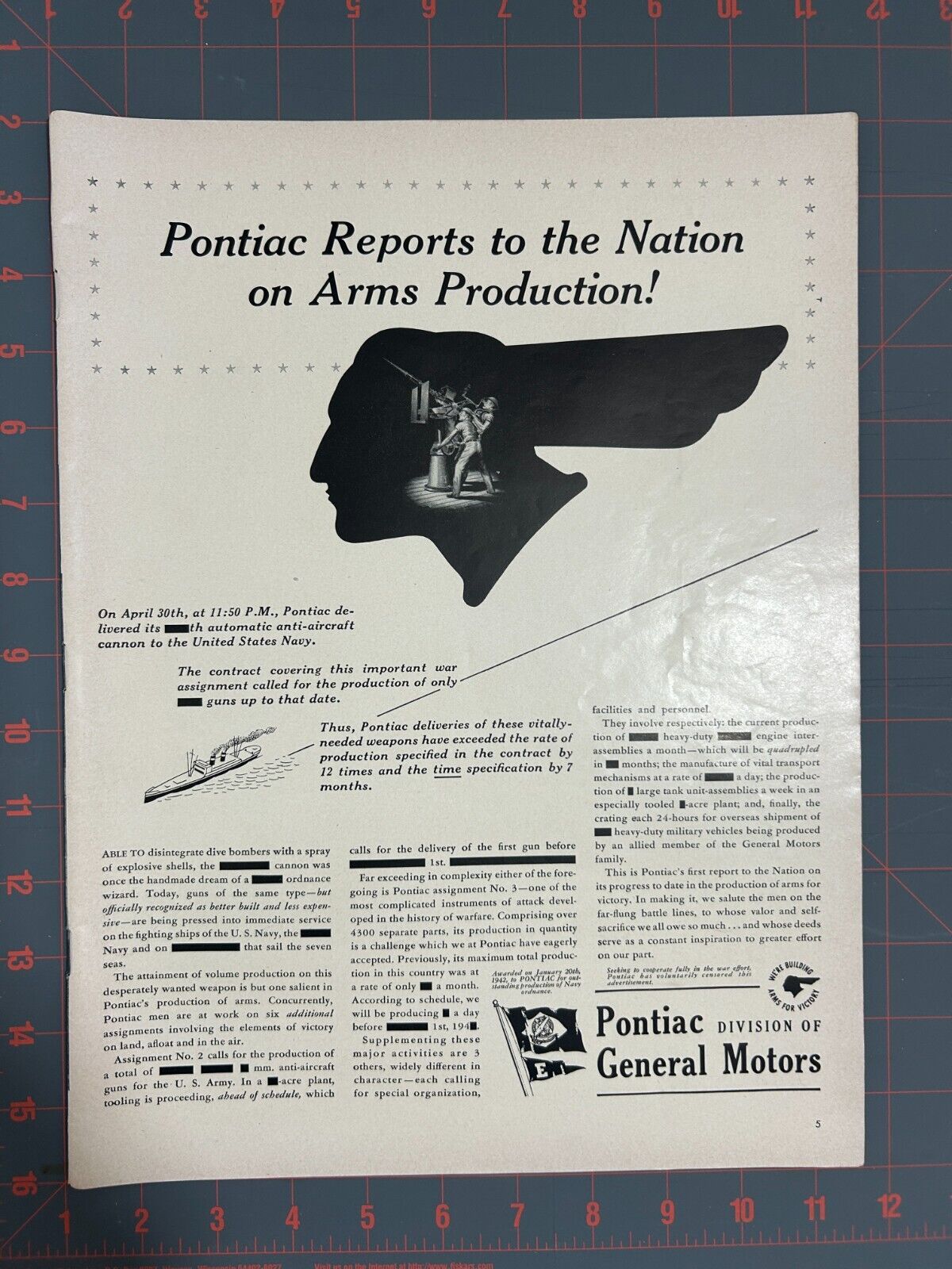 1942 Vintage Pontiac Division of General Motors Arms Production Navy Print Ad E2