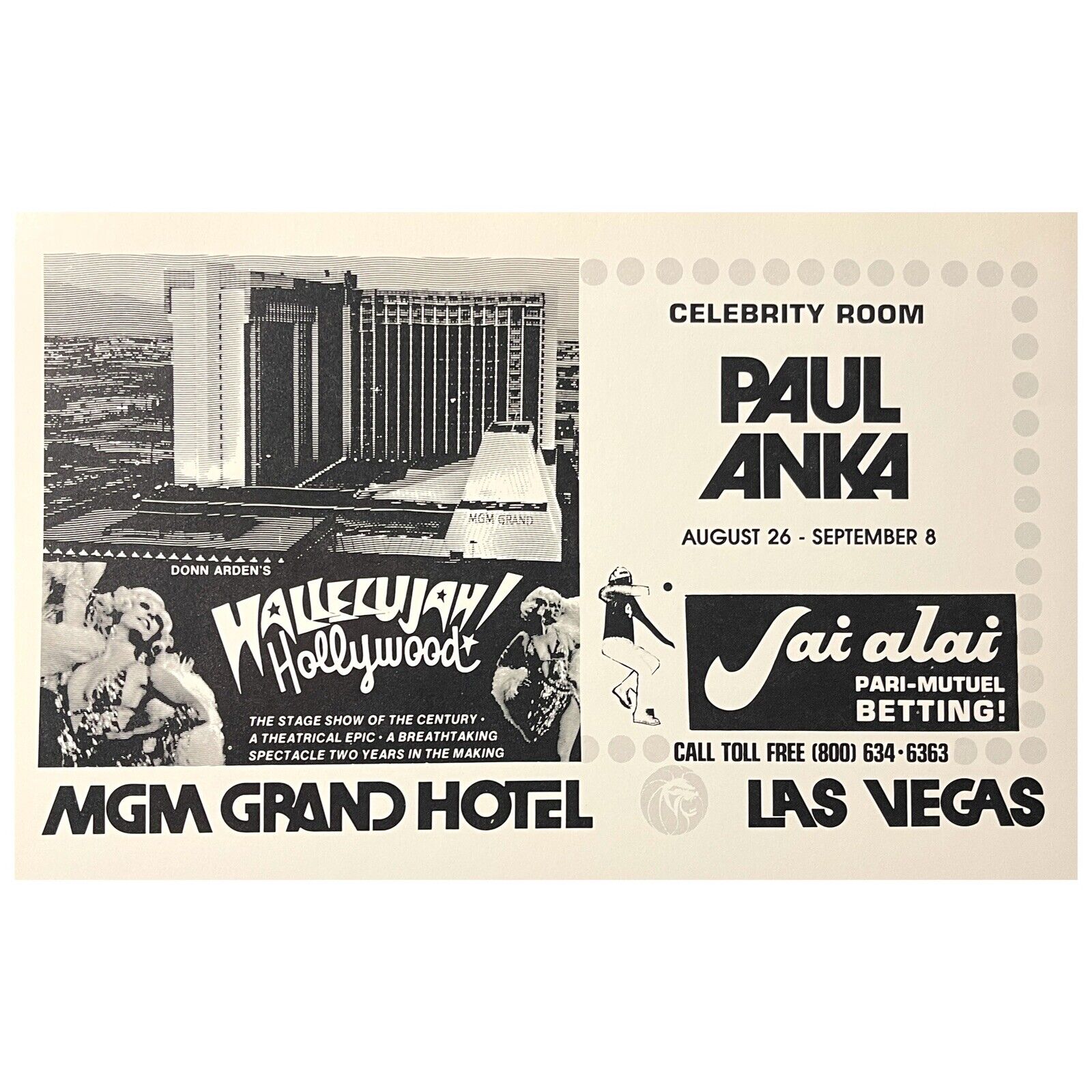 MGM Grand Las Vegas Vintage Print Ad 5”x8.5” Paul Anka Hallelujah Hollywood