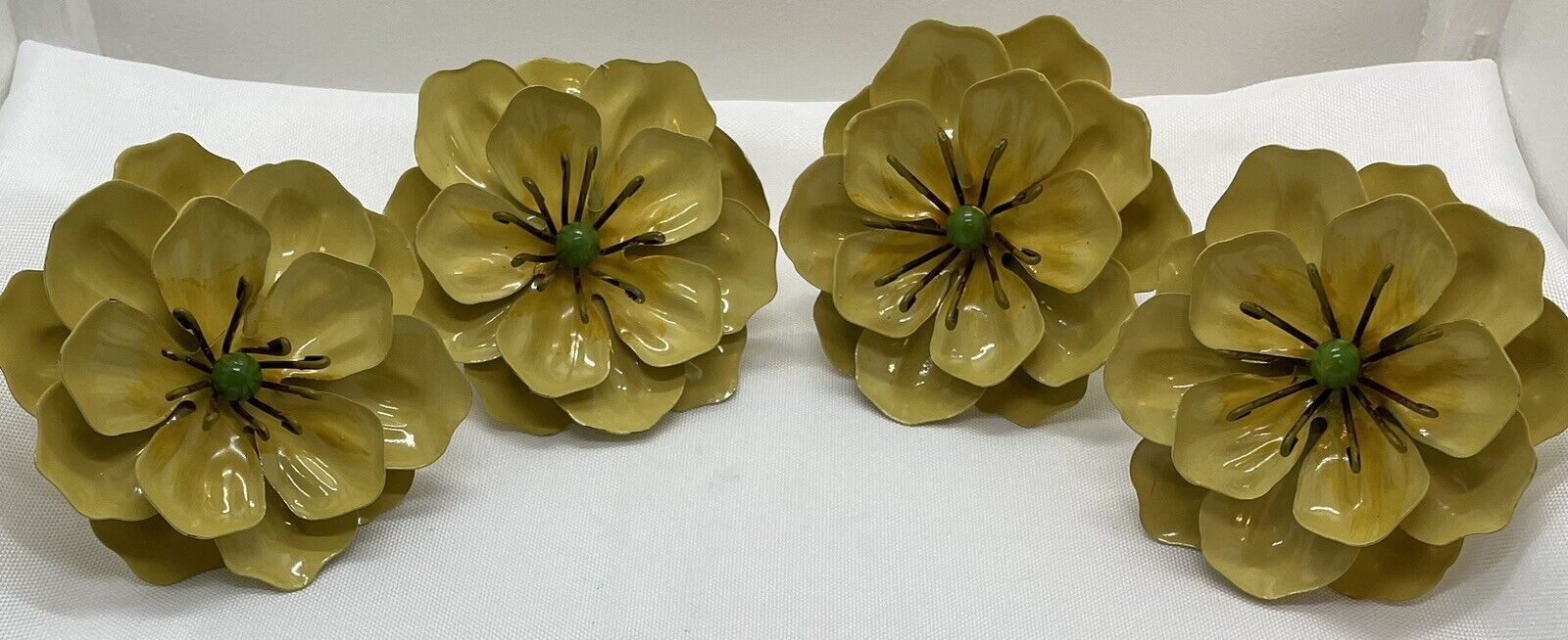 MCM Vintage Metal Enamel Flower Napkin Rings Set of 4 - Yellow & Jade