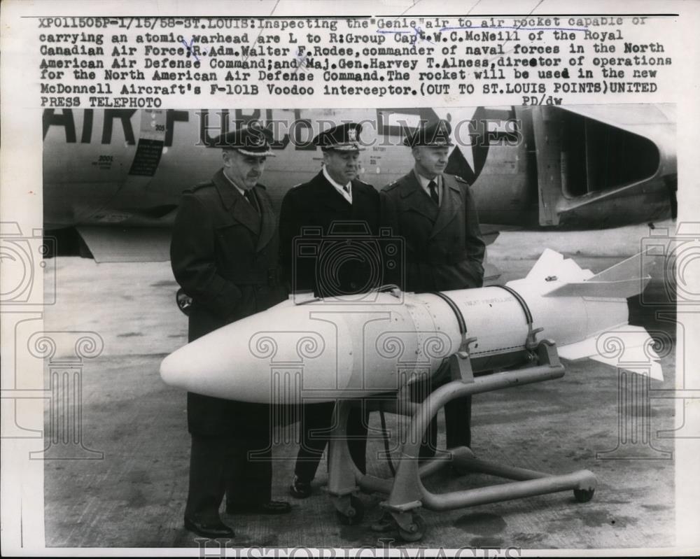1958 Press Photo Inspecting Genie Air to Air Rocket Capable of Carrying Warhead