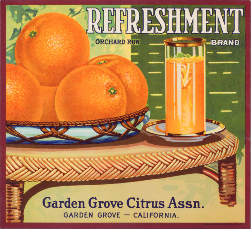 Garden Grove California Refreshment Brand Vintage Orange Fruit Crate Label Print