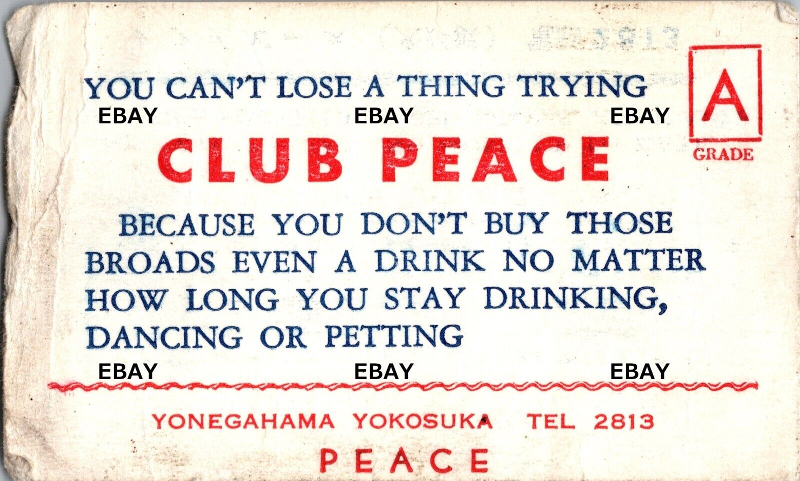 1950s Club Peace Business Card Map Massage On Limits Yokosuka Japan US Navy