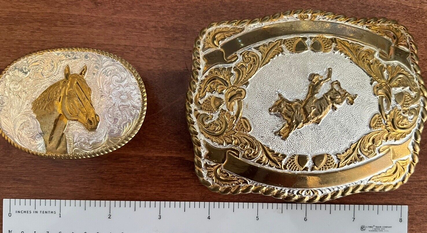 Cowboy & Cowgirl Crumrine Belt Buckles, Silver Plate, Rodeo, Bull Riding, Horse