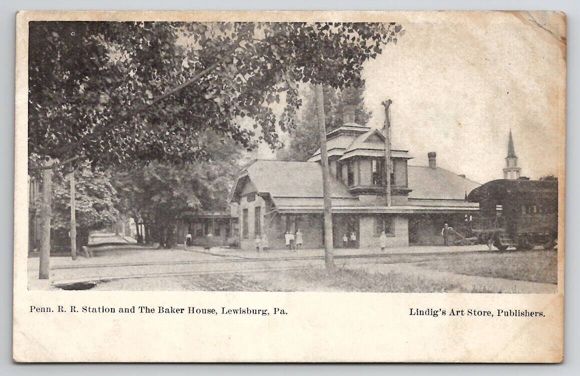 Lewisburg PA Railroad Station And The Baker House Pub Lindigs Store Postcard C48