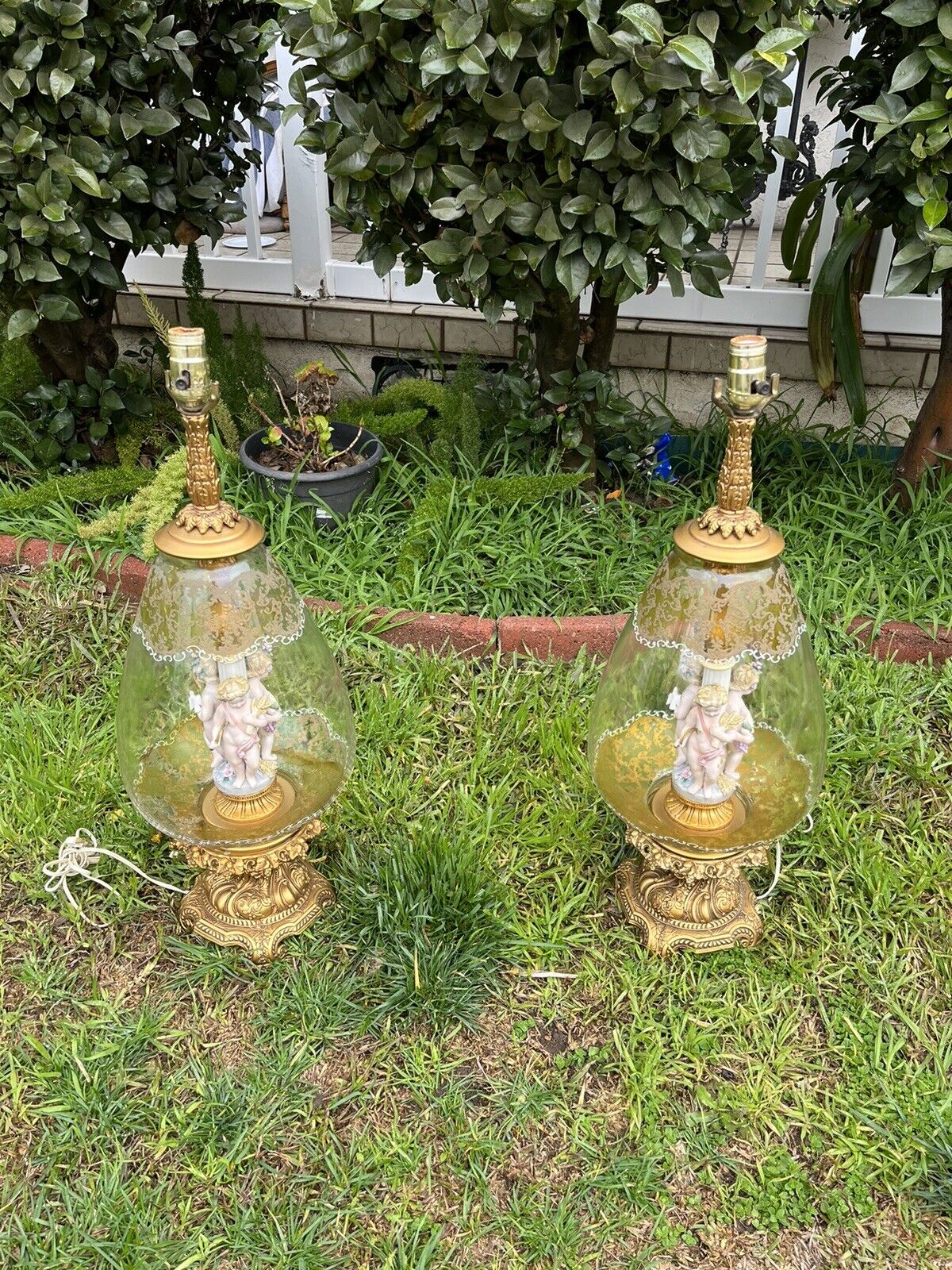 Pair Of Andrea By Sadek Antique Three Graces Victorian Cherub Putti Glass Lamp