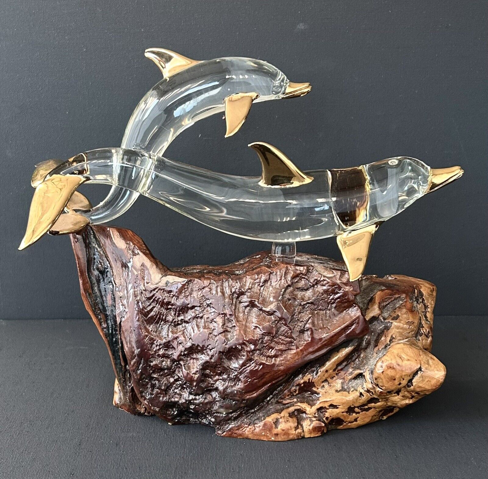 Glass Baron Hand Blown Two Dolphins 22k Gold Accents On Manzanita Wood Burl Base