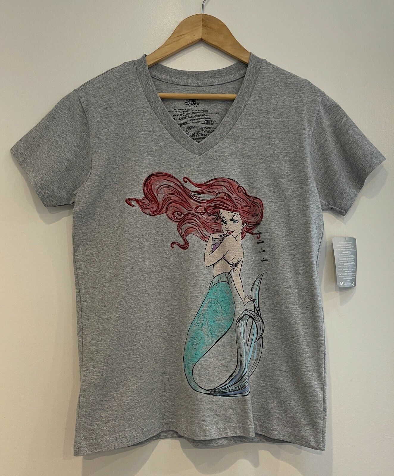 Disney Women\'s The Little Mermaid Princess Ariel V-neck T-Shirt, Gray, S, NWT