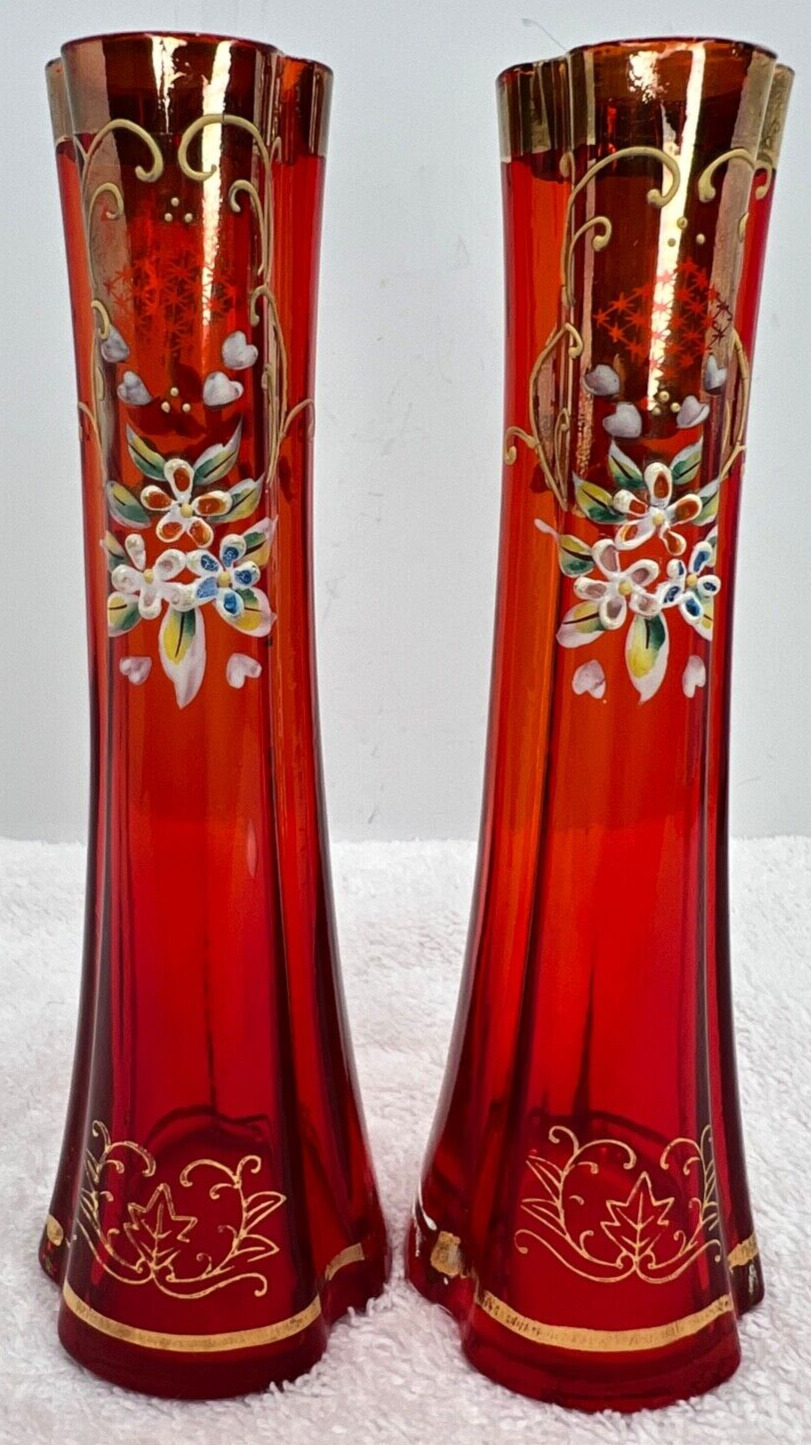 Monumental Bohemian Pink Glass Vase 24 Gold Rim and Enameling Flowers (Set of 2)