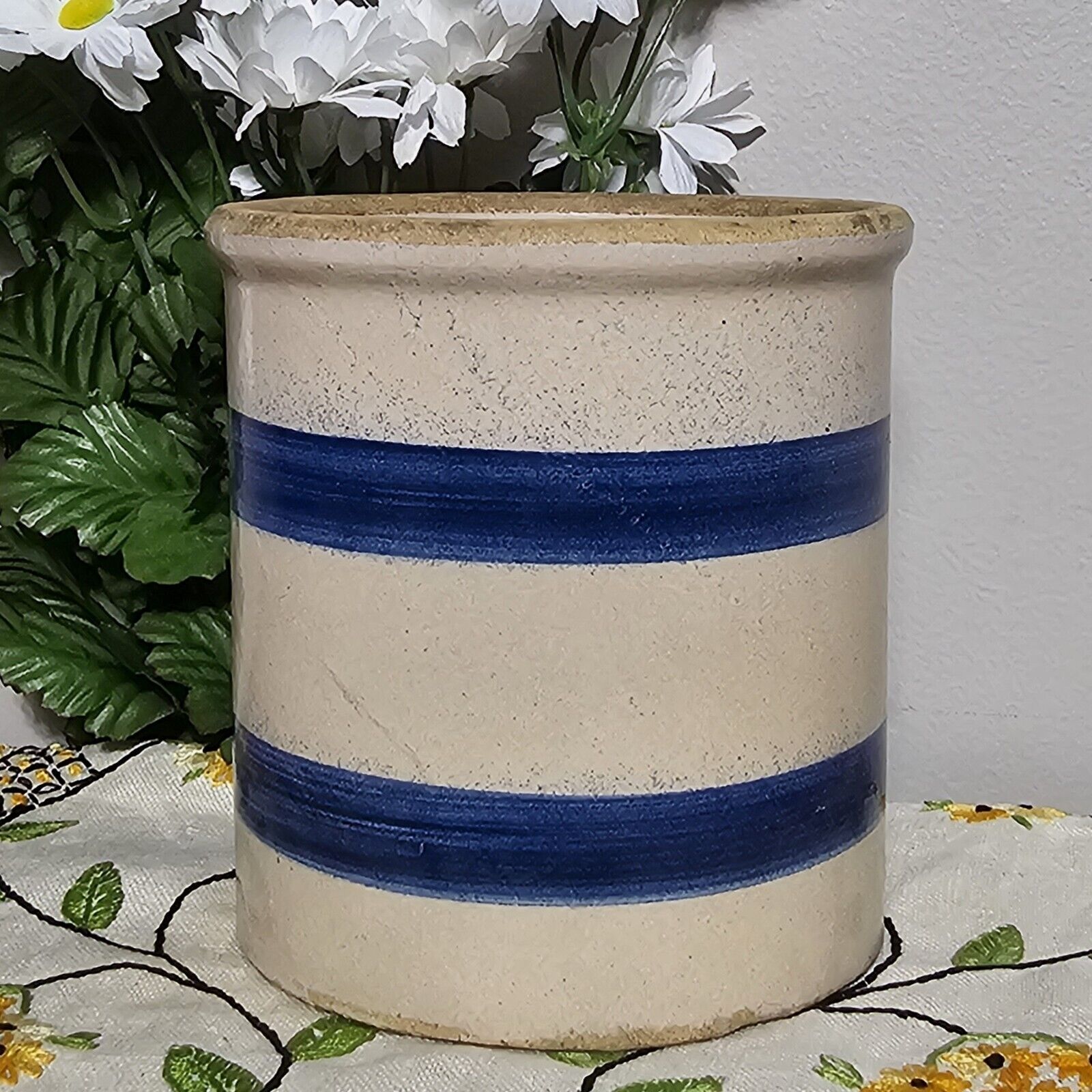 Vintage Antique Stoneware Glazed Blue Stripe Farmhouse Small Open Crock