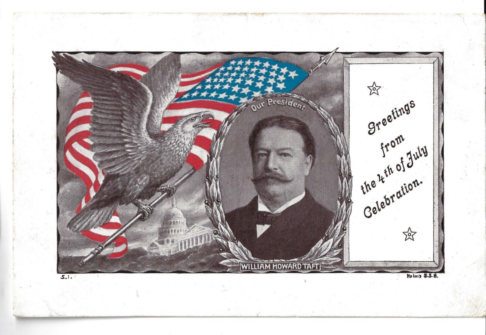 1909 Great Graphics Wm H Taft July 4 German Postcard Eagle Flag US Capitol